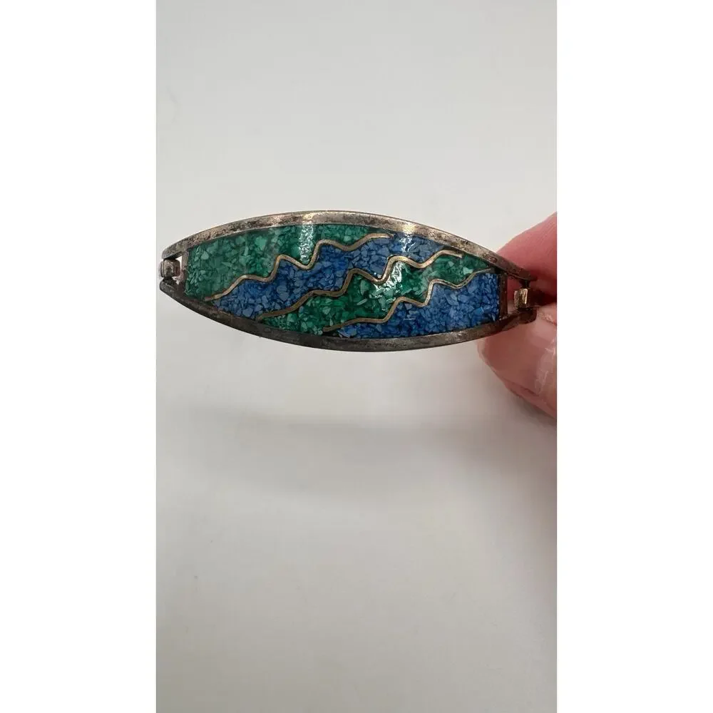 Vintage Alpacha Size 7Chipped Turquoise Mexico Sterling Silver Woman's Bracelet